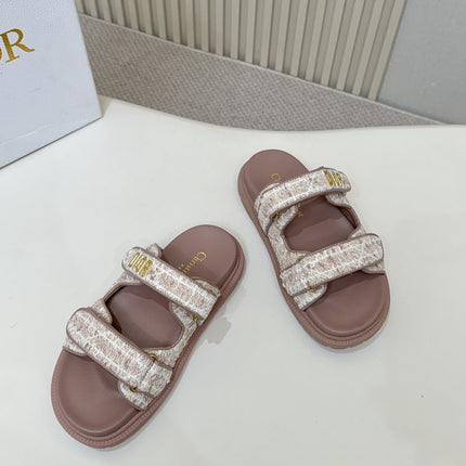 DIOR CLASSIC DOUBLE-STRAP SLIDES 25S IN ROSE BROWN TWEED AND CALFSKIN