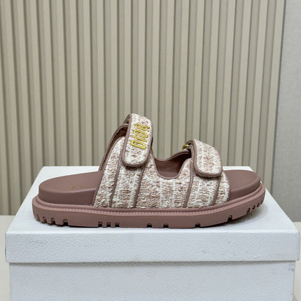 DIOR CLASSIC DOUBLE-STRAP SLIDES 25S IN ROSE BROWN TWEED AND CALFSKIN