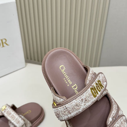 DIOR CLASSIC DOUBLE-STRAP SLIDES 25S IN ROSE BROWN TWEED AND CALFSKIN
