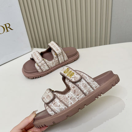 DIOR CLASSIC DOUBLE-STRAP SLIDES 25S IN ROSE BROWN TWEED AND CALFSKIN