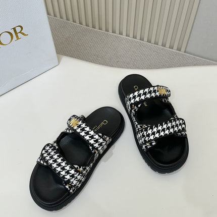 DIOR CLASSIC DOUBLE-STRAP SLIDES 25S IN WHITE MIX BLACK TWEED AND CALFSKIN