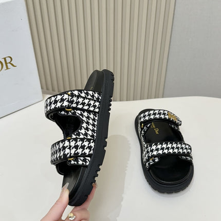 DIOR CLASSIC DOUBLE-STRAP SLIDES 25S IN WHITE MIX BLACK TWEED AND CALFSKIN