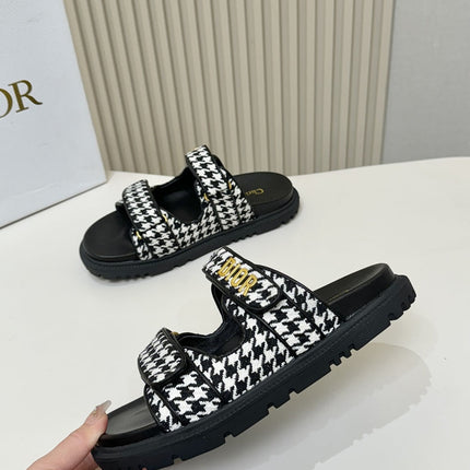 DIOR CLASSIC DOUBLE-STRAP SLIDES 25S IN WHITE MIX BLACK TWEED AND CALFSKIN