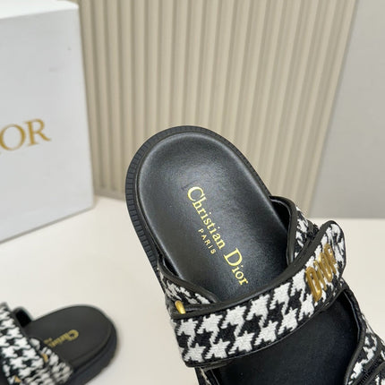 DIOR CLASSIC DOUBLE-STRAP SLIDES 25S IN WHITE MIX BLACK TWEED AND CALFSKIN