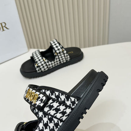 DIOR CLASSIC DOUBLE-STRAP SLIDES 25S IN WHITE MIX BLACK TWEED AND CALFSKIN