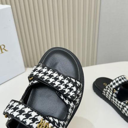 DIOR CLASSIC DOUBLE-STRAP SLIDES 25S IN WHITE MIX BLACK TWEED AND CALFSKIN