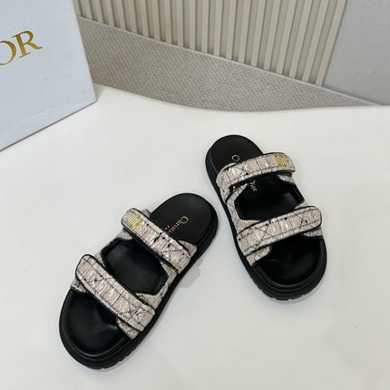 DIOR CLASSIC DOUBLE-STRAP SLIDES 25S IN SOFT ROSE BEIGE TWEED AND BLACK CALFSKIN