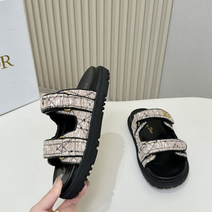 DIOR CLASSIC DOUBLE-STRAP SLIDES 25S IN SOFT ROSE BEIGE TWEED AND BLACK CALFSKIN