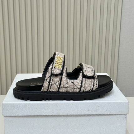 DIOR CLASSIC DOUBLE-STRAP SLIDES 25S IN SOFT ROSE BEIGE TWEED AND BLACK CALFSKIN