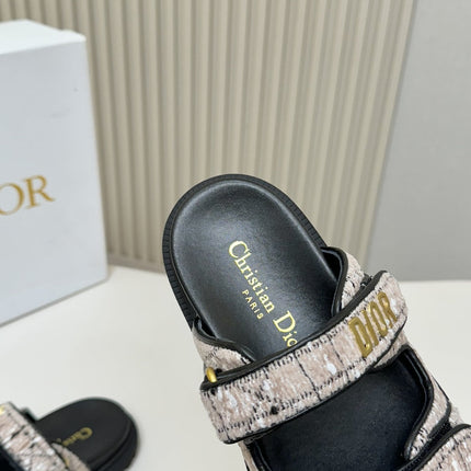 DIOR CLASSIC DOUBLE-STRAP SLIDES 25S IN SOFT ROSE BEIGE TWEED AND BLACK CALFSKIN