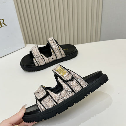 DIOR CLASSIC DOUBLE-STRAP SLIDES 25S IN SOFT ROSE BEIGE TWEED AND BLACK CALFSKIN