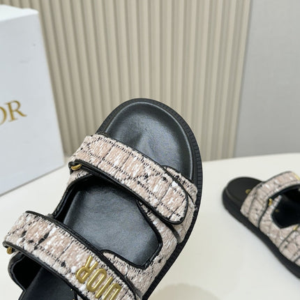 DIOR CLASSIC DOUBLE-STRAP SLIDES 25S IN SOFT ROSE BEIGE TWEED AND BLACK CALFSKIN