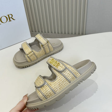 DIOR CLASSIC DOUBLE-STRAP SLIDES 25S IN BEIGE RAFFIA AND GREY CALFSKIN