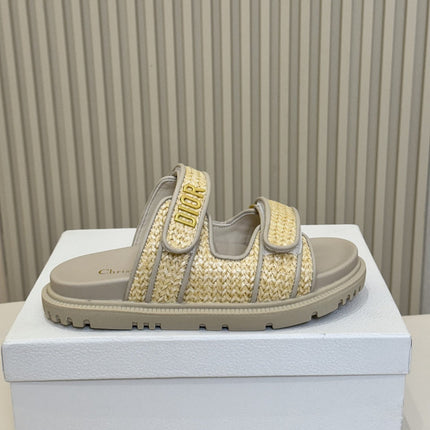 DIOR CLASSIC DOUBLE-STRAP SLIDES 25S IN BEIGE RAFFIA AND GREY CALFSKIN