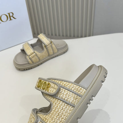 DIOR CLASSIC DOUBLE-STRAP SLIDES 25S IN BEIGE RAFFIA AND GREY CALFSKIN