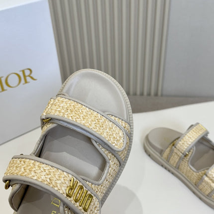 DIOR CLASSIC DOUBLE-STRAP SLIDES 25S IN BEIGE RAFFIA AND GREY CALFSKIN