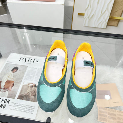 GYMNASIUM BALLERINAS IN GREEN PINK YELLOW TECHNICAL FABRIC AND SUEDE