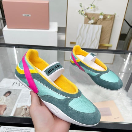 GYMNASIUM BALLERINAS IN GREEN PINK YELLOW TECHNICAL FABRIC AND SUEDE
