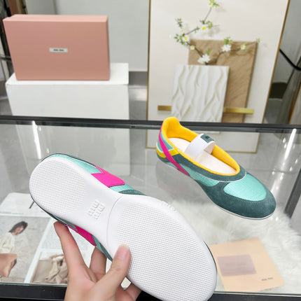 GYMNASIUM BALLERINAS IN GREEN PINK YELLOW TECHNICAL FABRIC AND SUEDE