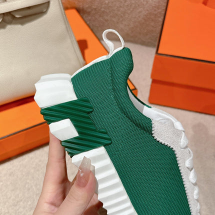 MAINLAND SNEAKER IN PALE GRAY SUEDE AND FOREST GREEN BREATHABLE MESH FABRIC