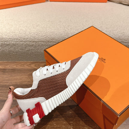 MAINLAND SNEAKER IN PALE GRAY SUEDE AND CARAMEL BROWN BREATHABLE MESH FABRIC