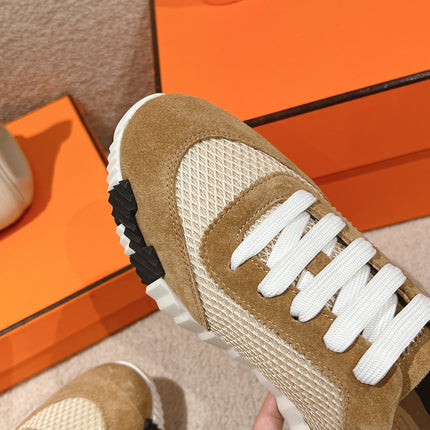 MAINLAND SNEAKER IN PEANUT BROWN SUEDE AND WHITE BREATHABLE MESH FABRIC