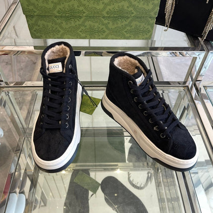 GG HIGH TOP SNEAKER IN BLACK CANVAS WITH BEIGE FLEECE LINING