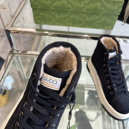 GG HIGH TOP SNEAKER IN BLACK CANVAS WITH BEIGE FLEECE LINING
