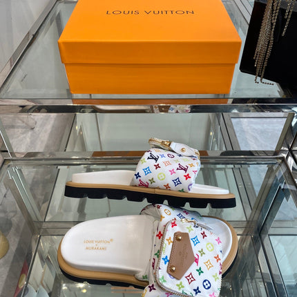 LV x TAKASHI MURAKAMI SLIDES IN MULTICOLOR FABRIC WITH ZIP POCKET STRAP