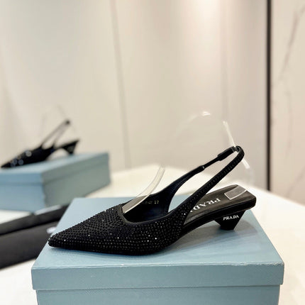 PRA SLINGBACK PUMPS BLACK SATIN WITH BLACK CRYSTALS