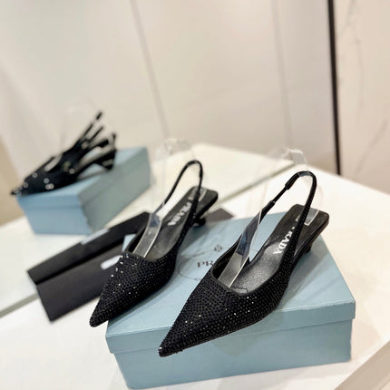 PRA SLINGBACK PUMPS BLACK SATIN WITH BLACK CRYSTALS