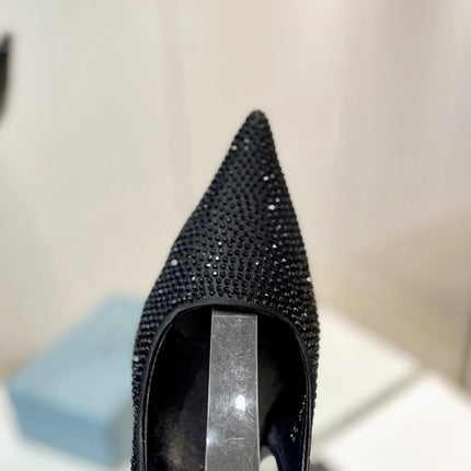 PRA SLINGBACK PUMPS BLACK SATIN WITH BLACK CRYSTALS