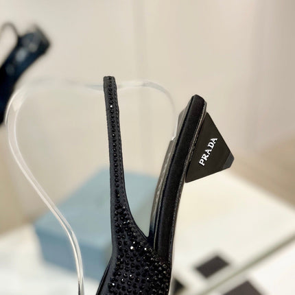 PRA SLINGBACK PUMPS BLACK SATIN WITH BLACK CRYSTALS