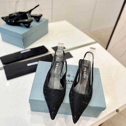 PRA SLINGBACK PUMPS BLACK SATIN WITH BLACK CRYSTALS