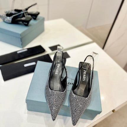 PRA SLINGBACK PUMPS BLACK SATIN WITH WHITE CRYSTALS