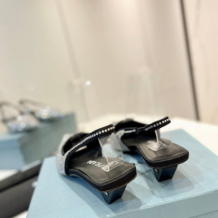 PRA SLINGBACK PUMPS BLACK SATIN WITH WHITE CRYSTALS