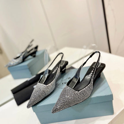 PRA SLINGBACK PUMPS BLACK SATIN WITH WHITE CRYSTALS