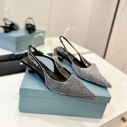 PRA SLINGBACK PUMPS BLACK SATIN WITH WHITE CRYSTALS