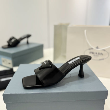 PRA BRUSHED LEATHER HEELED SLIDES BLACK