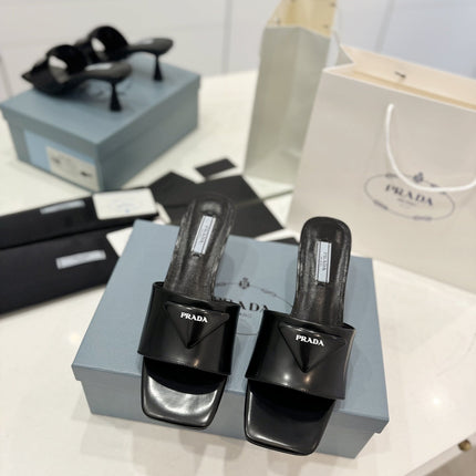 PRA BRUSHED LEATHER HEELED SLIDES BLACK