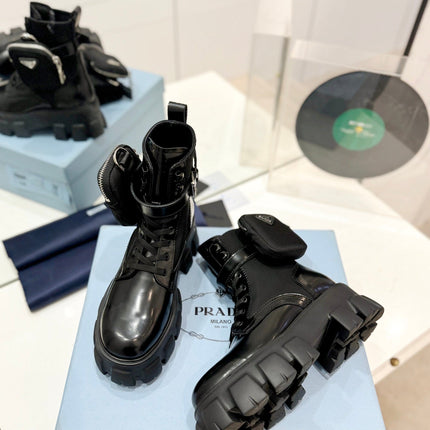 PRA MONOLITH BRUSHED AND RE-NYLON BOOTS WITH POUCH BLACK CALFSKIN