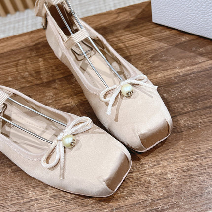 DIOR CLASSIC LACE-UP BALLET FLATS 25S IN NUDE SATIN PEARL DETAILING