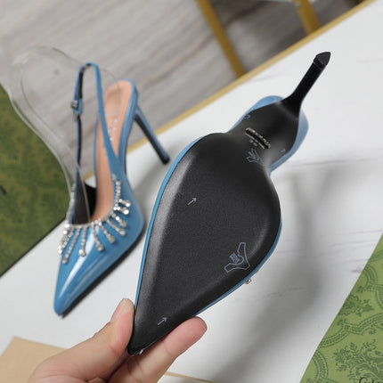 GG CRYSTAL HIGH HEEL SANDAL CERULEAN LAMBSKIN