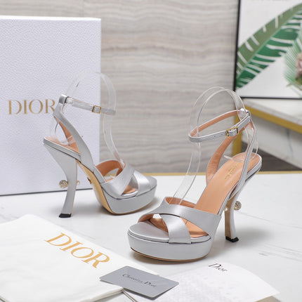 DIOR PEARL-EMBELLISHED HIGH HEEL SANDALS 25S 115 MM IN SILVER SATIN