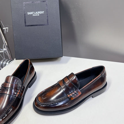 YSL 25S SAINT LAURENT LOAFERS IN TORTOISESHELL BROWN GLOSSY CALFSKIN