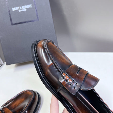 YSL 25S SAINT LAURENT LOAFERS IN TORTOISESHELL BROWN GLOSSY CALFSKIN