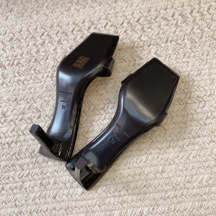 HIGH MULES WITH SQUARE TOE IN BLACK GLOSSY CALFSKIN