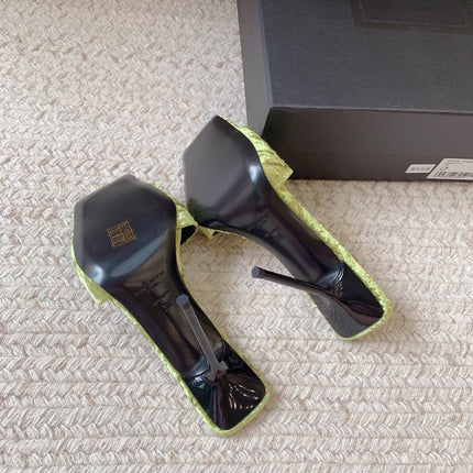 HIGH HEEL SLIDES IN TEA GREEN VELVET