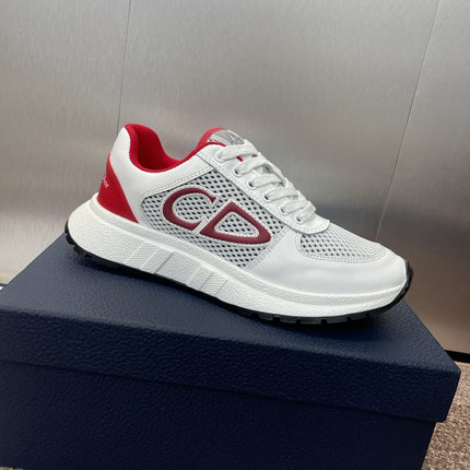 DIOR 25S D-RUN'N COUPLE SNEAKERS IN WHITE RED CALFSKIN AND MESH