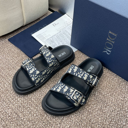 DIOR 25S DIORACT SLIDE IN DEEP BLUE CALFSKIN AND CANVAS SILVER HARDWARE